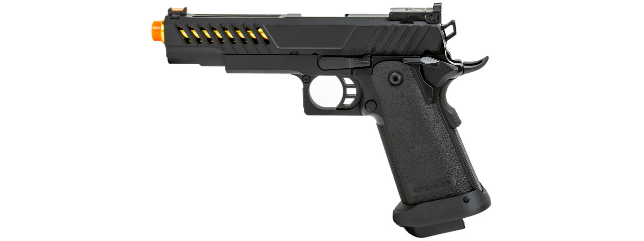 Golden Eagle 3338 OTS .45 Hi-Capa Gas Blowback Pistol w/ Vented Slide (Color: Black / Gold Barrel) - Click Image to Close