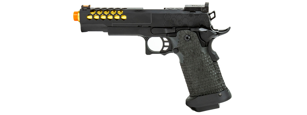 Golden Eagle 3339 OTS .45 Hi-Capa Gas Blowback Pistol w/ Hive Vented Slide & Standard Grip Stippling (Color: Black / Gold Barrel) - Click Image to Close