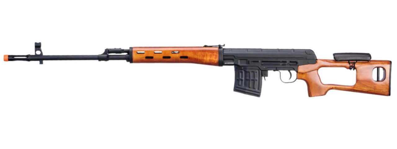 Atlas Custom Works SVD Dragunov Electric Airsoft Sniper Rifle w/ Real Wood Furniture & Fixed Sportsman Stock (Color: Black / Wood) - Click Image to Close