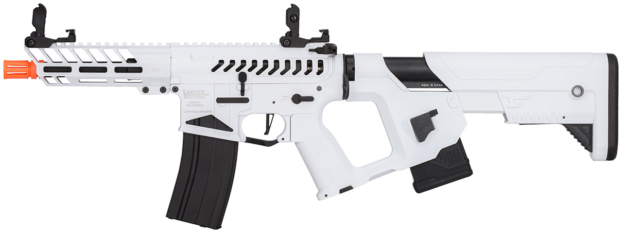 Lancer Tactical Low FPS Enforcer Needletail Skeleton M4 AEG Rifle with Alpha Stock (Color: White & Black) - Click Image to Close