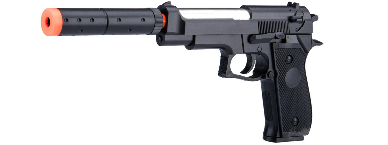 Double Eagle M22 Two Tone Spring Powered Airsoft Pistol w/ Mock Suppressor - Click Image to Close