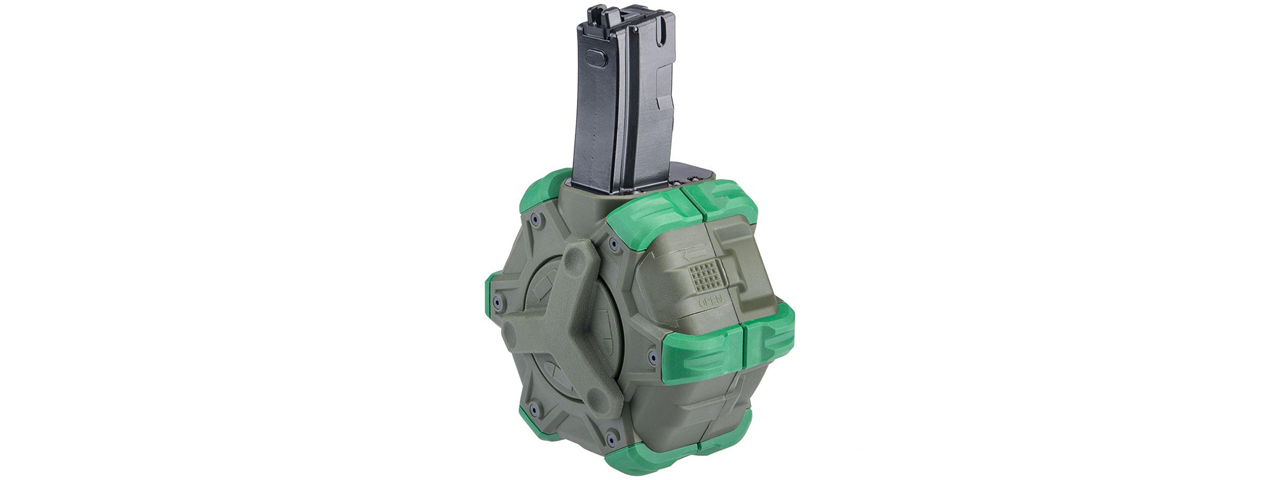 WE-Tech Drum Magazine for MP5 Gas Blowback Airsoft Rifle (Color: OD Green) - Click Image to Close