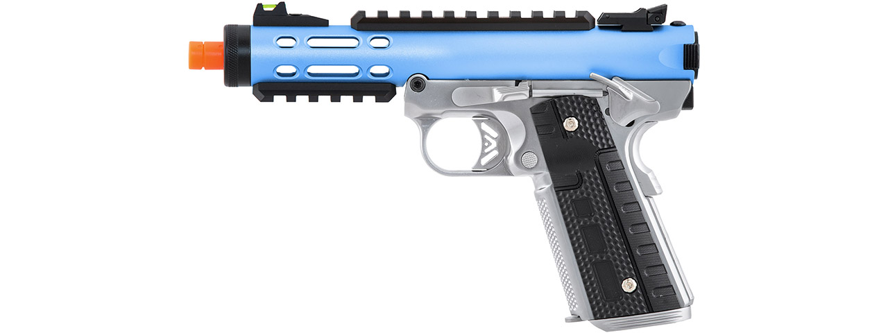 WE-Tech Galaxy 1911 Gas Blowback Airsoft Pistol (Color: Blue Slide w/ Silver Lower) - Click Image to Close