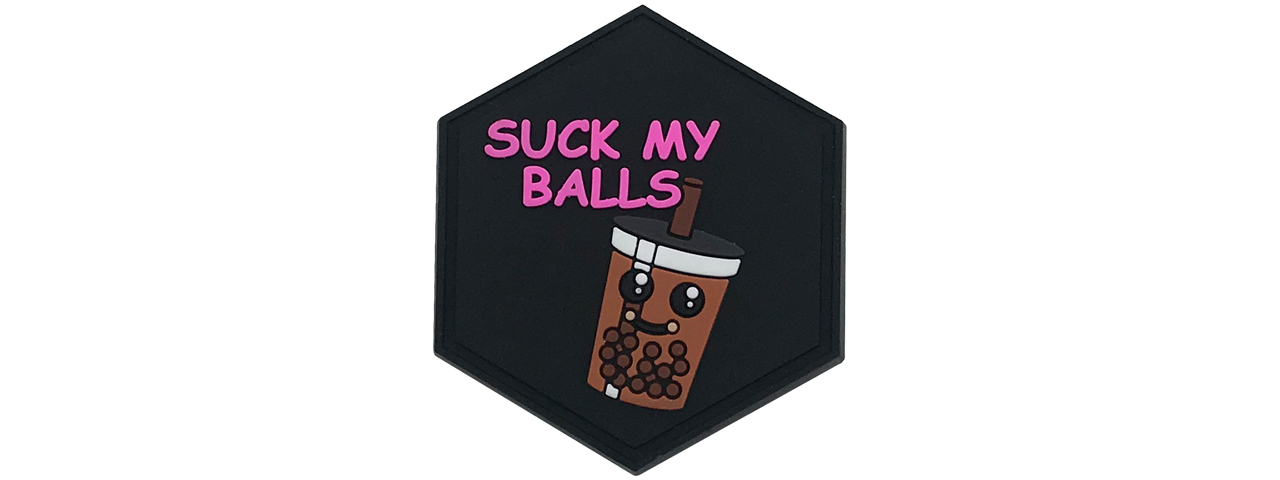 Hexagon PVC Patch Brown "Suck My Balls" - Click Image to Close