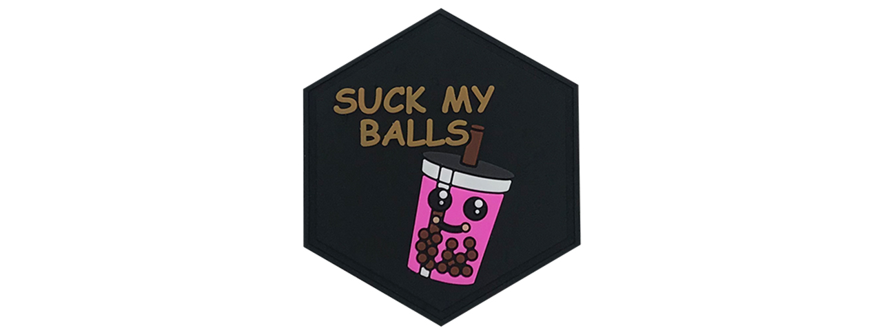 Hexagon PVC Patch Pink "Suck My Balls" - Click Image to Close