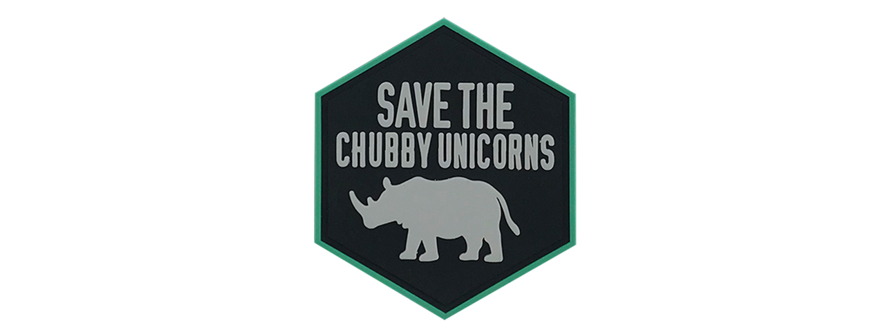 Hexagon PVC Patch "Save the Chubby Unicorn" - Click Image to Close