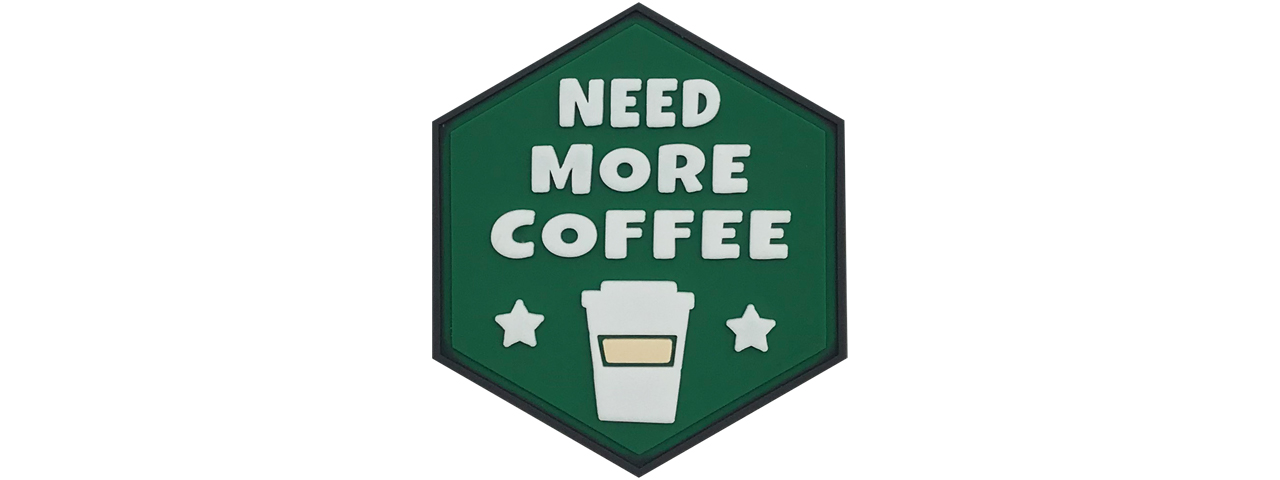 Hexagon PVC Patch "Need More Coffee" - Click Image to Close