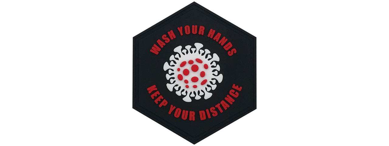 Hexagon PVC Patch Wash your hands, Keep your distance - Click Image to Close