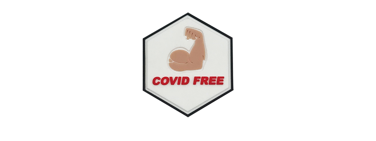 Hexagon PVC Patch Covid Free White Muscle - Click Image to Close