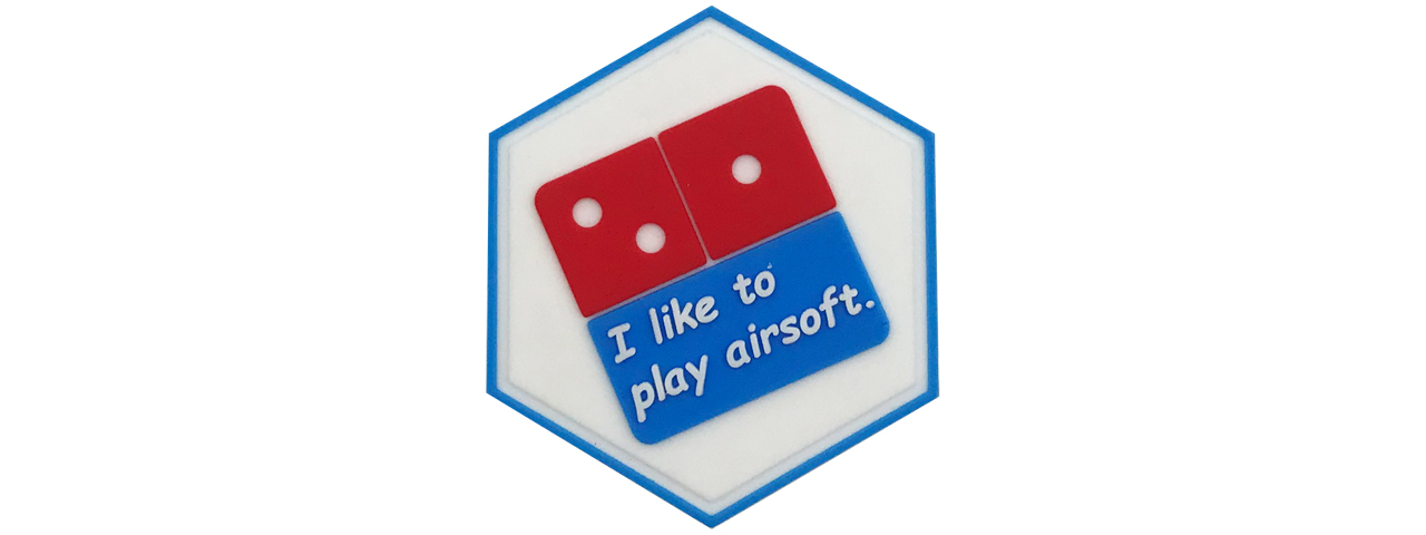 Hexagon PVC Patch I like to play airsoft Pizza - Click Image to Close