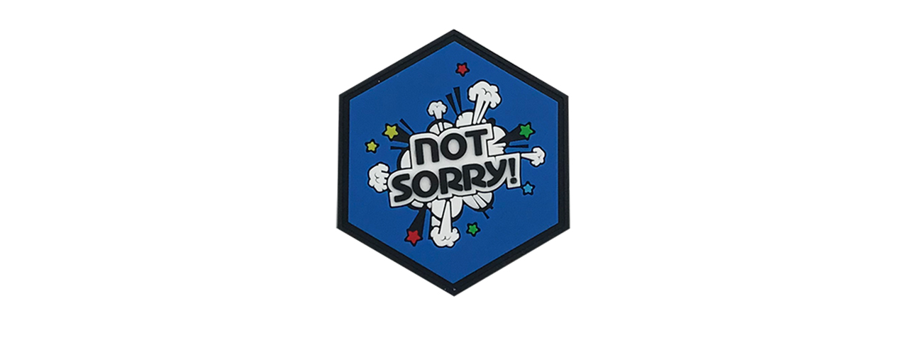 Hexagon PVC Patch "Not Sorry" Blue - Click Image to Close
