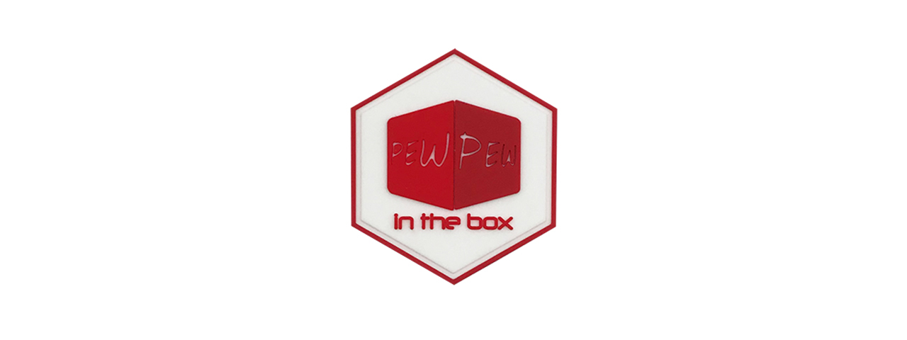Hexagon PVC Patch "Pew Pew in the box" - Click Image to Close