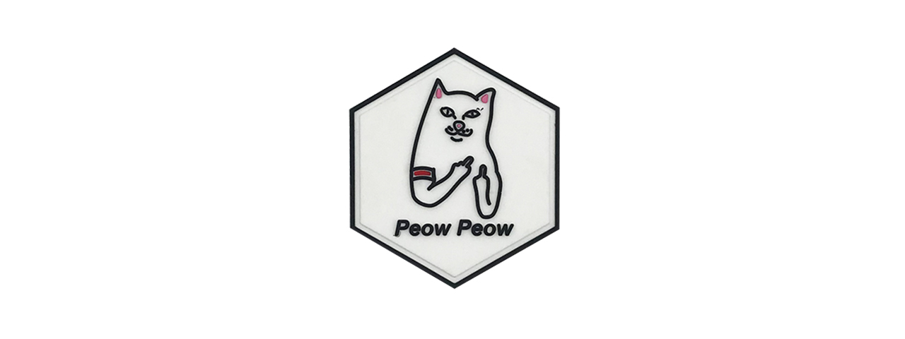 Hexagon PVC Patch White Cat Peow Peow - Click Image to Close