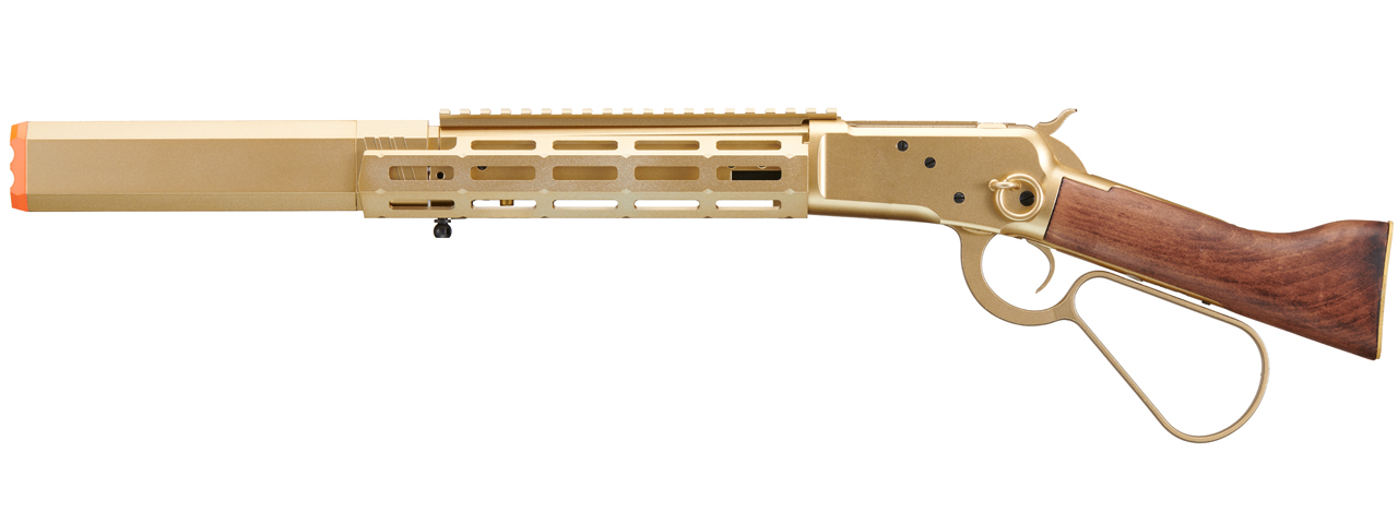 Atlas Custom Works M1873 "Mares Leg" Lever Action Airsoft Green Gas Rifle w/ M-LOK Rail and Suppressor (Color: Gold) - Click Image to Close