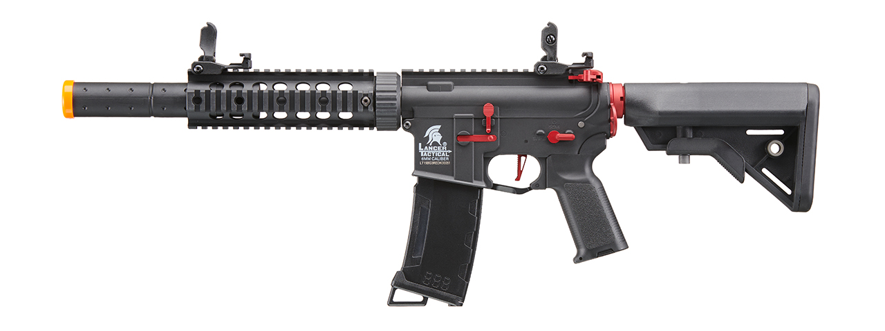 Lancer Tactical Gen 3 M4 Carbine SD AEG Airsoft Rifle with Mock Suppressor (Color: Black with Red Accents) - Click Image to Close