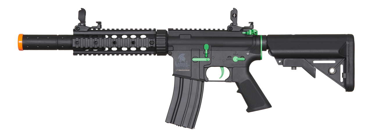 Lancer Tactical Gen 2 M4 SD Carbine Airsoft AEG Rifle with Mock Suppressor (Color: Black / Green) - Click Image to Close