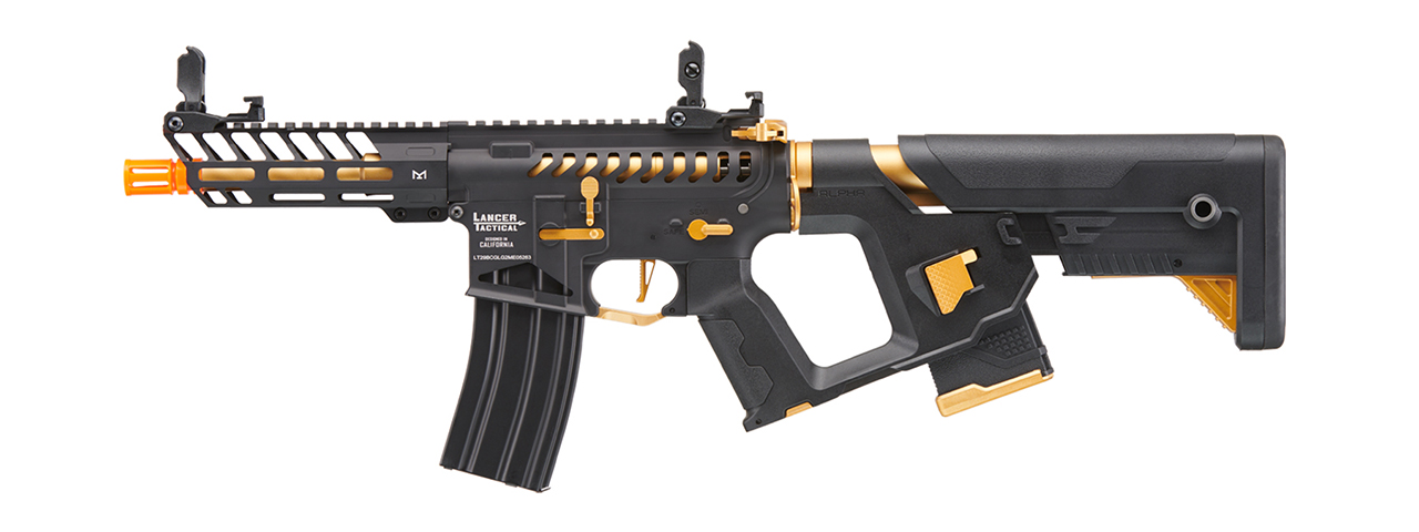 Lancer Tactical Low FPS Enforcer Needletail Skeleton AEG with Alpha Stock (Color: Black & Gold) - Click Image to Close