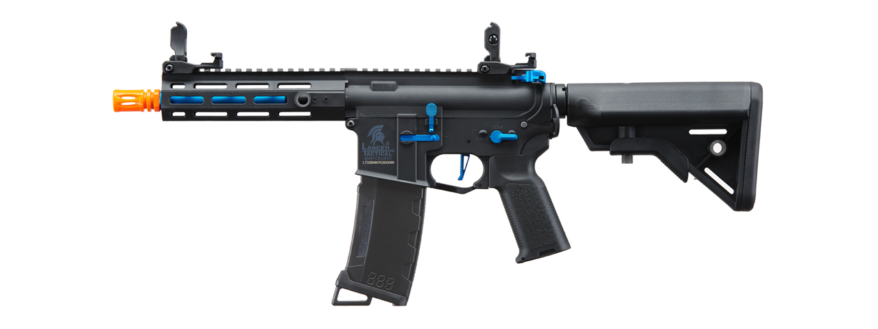 Lancer Tactical Gen 3 Hellion 7" M-LOK Airsoft AEG Rifle w/ Crane Stock (Color: Black & Blue) - Click Image to Close