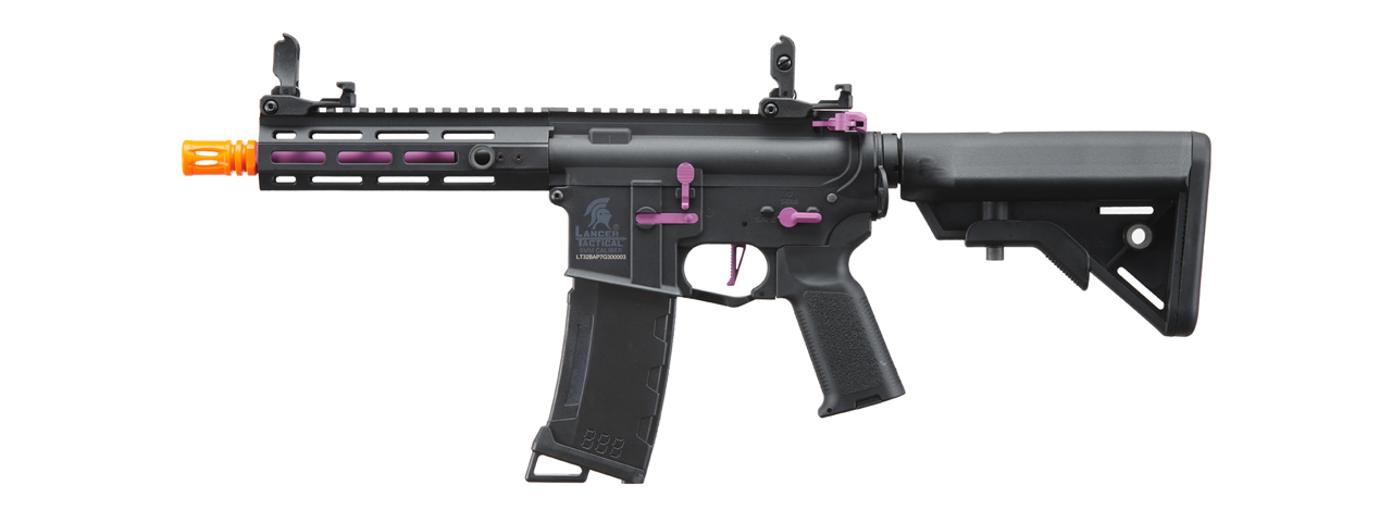 Lancer Tactical Gen 3 Hellion 7" M-LOK Airsoft AEG Rifle w/ Crane Stock (Color: Black & Purple) - Click Image to Close