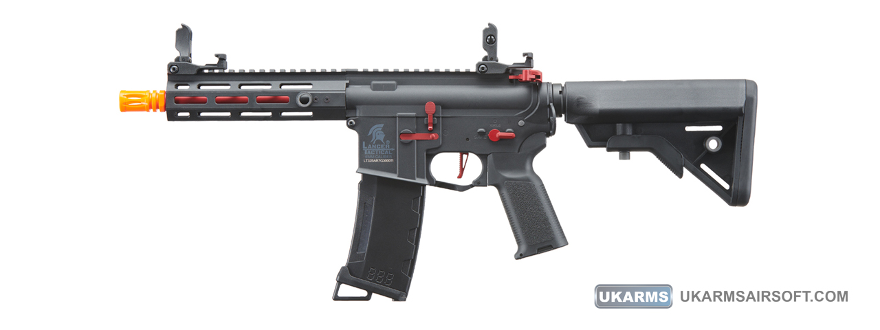 Lancer Tactical Gen 3 Hellion 7" M-LOK Airsoft AEG Rifle w/ Crane Stock (Color: Black & Red) - Click Image to Close