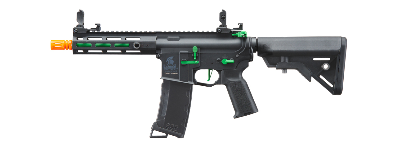 Lancer Tactical Gen 3 Hellion 7" M-LOK Airsoft AEG Rifle w/ Crane Stock (Color: Black & Green) - Click Image to Close