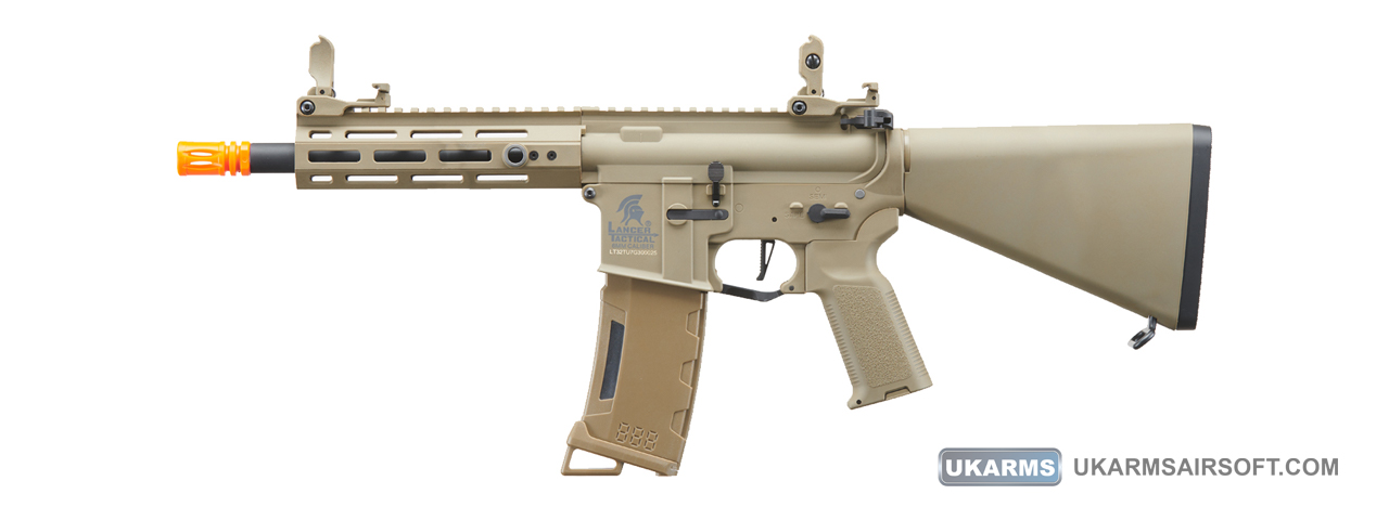 Lancer Tactical Gen 3 Hellion 7" M-LOK Airsoft AEG Rifle w/ Stubby Stock (Color: Tan) - Click Image to Close