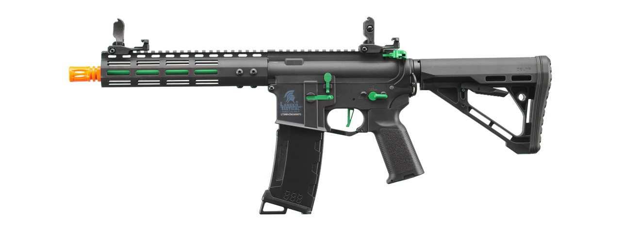 Lancer Tactical Gen 3 Archon 9" M-LOK M4 Airsoft Rifle w/ Delta Stock (Color: Black & Green) - Click Image to Close