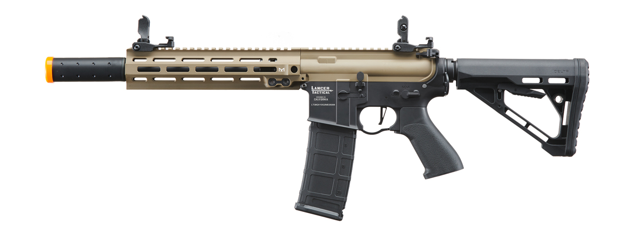 Lancer Tactical Blazer 10" M-LOK Proline Series M4 Airsoft Rifle with Delta Stock & Mock Suppressor (Color: FDE Upper Receiver & Black Lower) - Click Image to Close