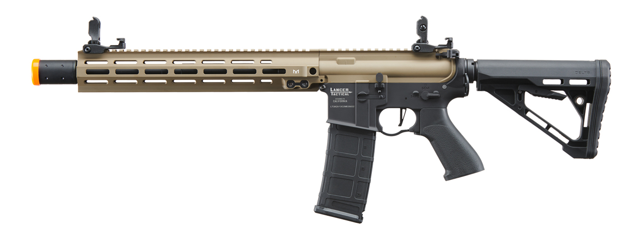 Lancer Tactical Blazer 13" M-LOK Proline Series M4 Airsoft Rifle with Delta Stock & Mock Suppressor (Color: FDE Upper Receiver & Black Lower) - Click Image to Close