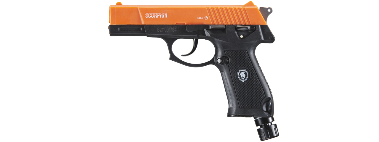 Lancer Defense Scorpion .50 Cal CO2 Powered Less Lethal Defense Pistol *Full Set* (Color: Orange / Black) - Click Image to Close