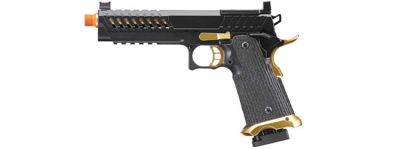 Lancer Tactical Knightshade Hi-Capa Gas Blowback Airsoft Pistol w/ Red Dot Mount (Color: Black & Gold) - Click Image to Close