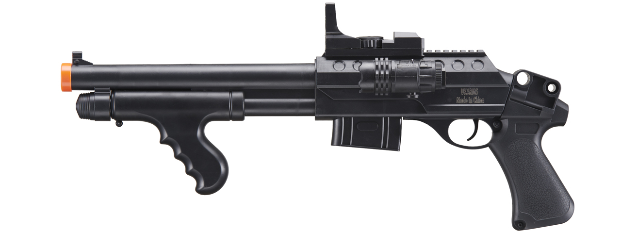 UK Arms Spring M0681A Spring Powered Pump Action Shotgun w/ Red Dot Sight and Flashlight (Color: Black) - Click Image to Close