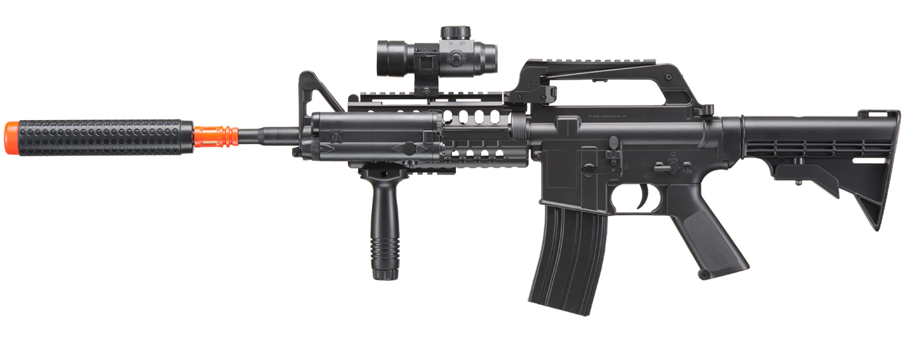 WELL M4 AIRSOFT SPRING RIFLE W/ SCOPE, GRIP, LASER, EXTENSION - BLACK - Click Image to Close