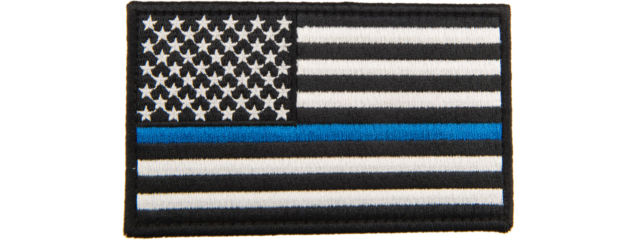 Embroidered Forward US Flag Patch w/ Blue Line (Color: Black) - Click Image to Close