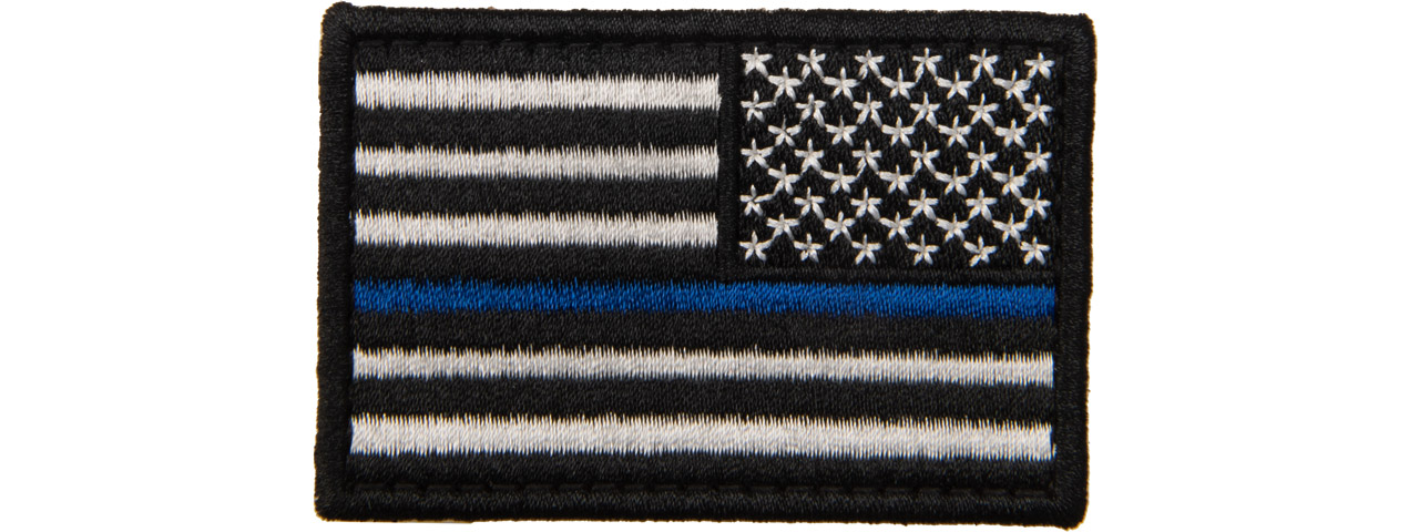 Embroidered Reverse US Flag Patch w/ Blue Line (Color: Black) - Click Image to Close