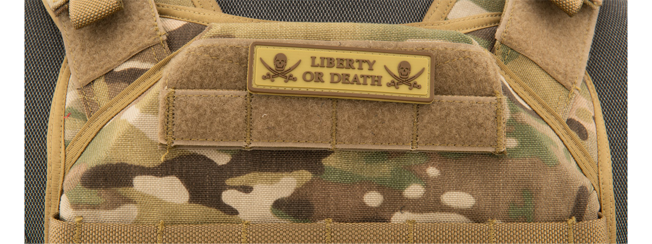 Liberty or Death Pirate Skull PVC Patch (Color: Coyote Tan) - Click Image to Close