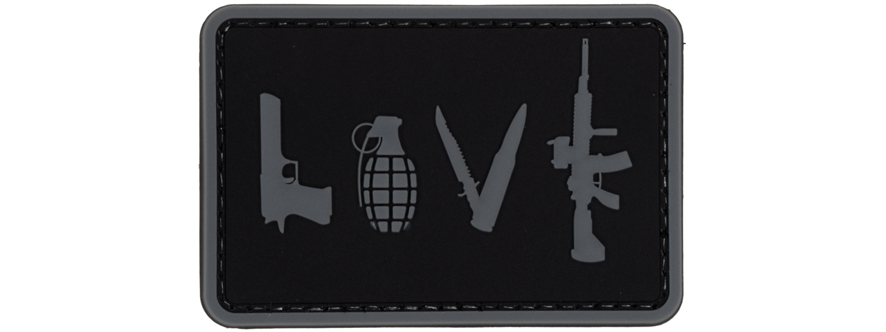 Love-Pistol, Grenade, Knife, Rifle" PVC Patch (Color: Black) - Click Image to Close