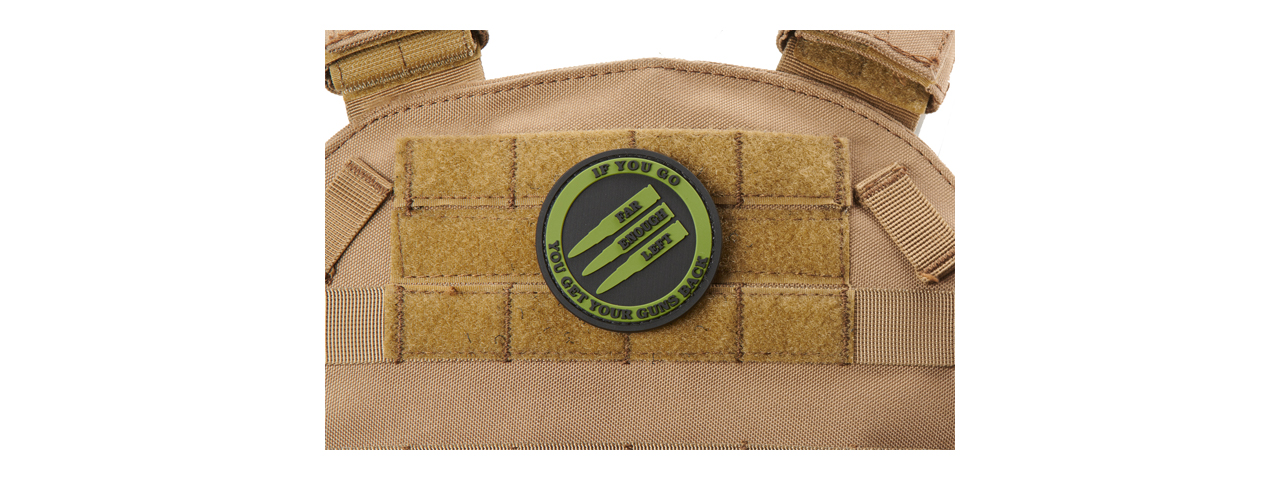 "If You Go Far Enough Left, You Get Your Guns Back" PVC Morale Patch (Color: OD Green) - Click Image to Close
