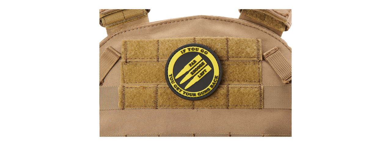 "If You Go Far Enough Left, You Get Your Guns Back" PVC Morale Patch (Color: Yellow) - Click Image to Close