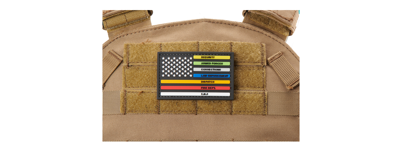 US Flag with Security, Armed Forces, Corrections, Law Enforcement, Dispatch, Fire Dept, & EMS PVC Morale Patch - Click Image to Close