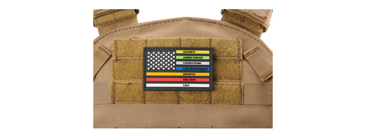 US Flag with Security, Armed Forces, Corrections, Law Enforcement, Dispatch, Fire Dept, & EMS PVC Morale Patch - Click Image to Close