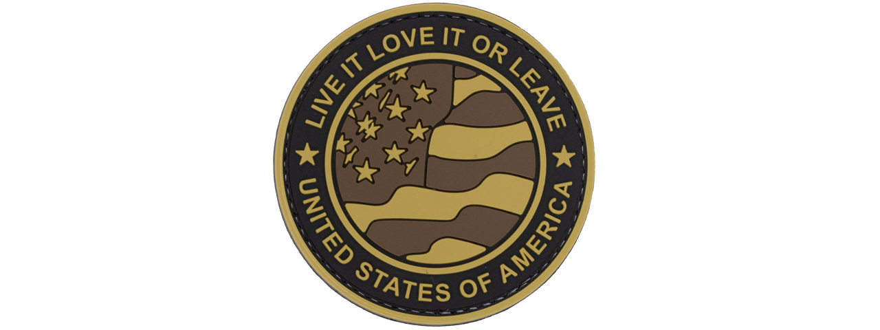 Round US Flag "Live it, Love It, or Leave It" PVC Patch (Tan Version) - Click Image to Close