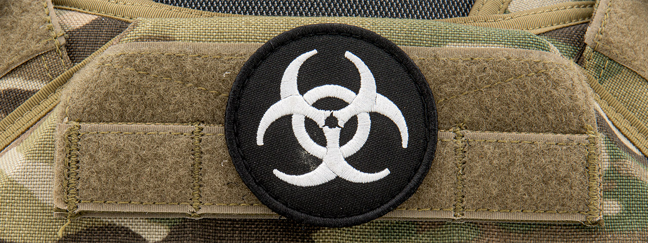 Embroidered Round Biohazard Patch (Color: Black and White) - Click Image to Close