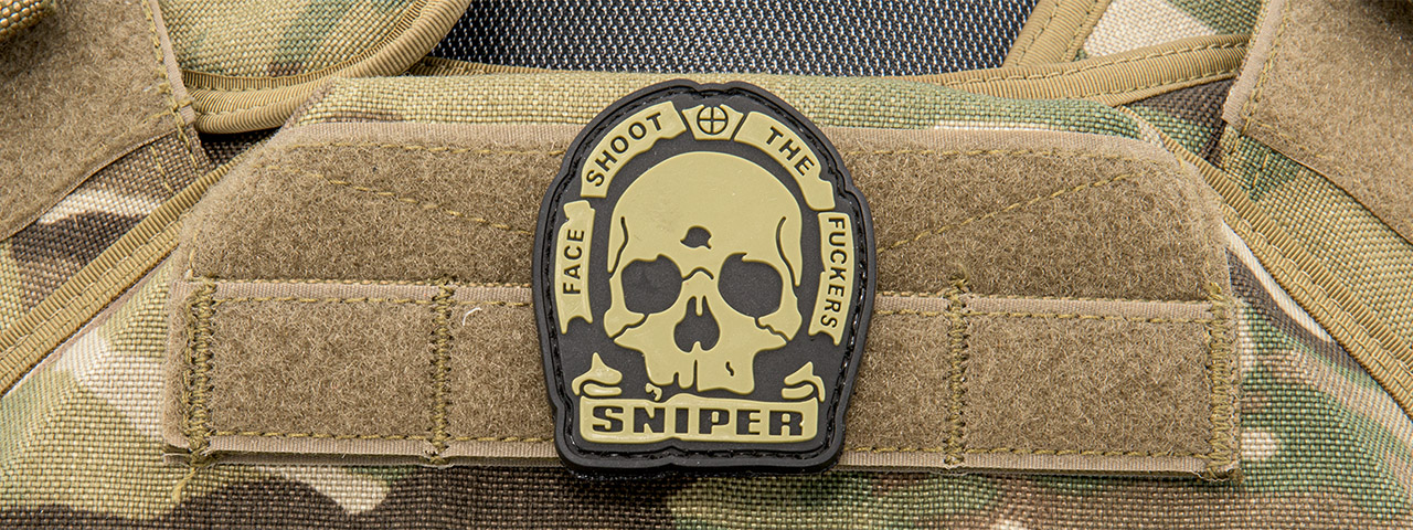 "Face Shoot the Fuckers" PVC Patch (Color: Tan) - Click Image to Close