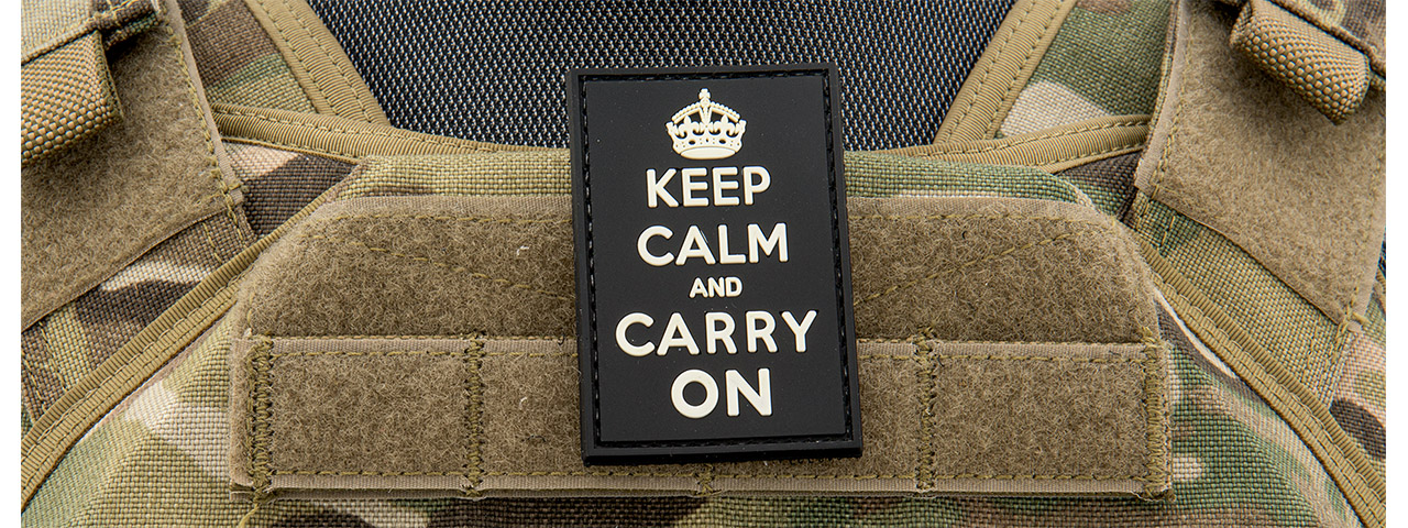 "Keep Calm and Carry On" PVC Patch (Color: Black) - Click Image to Close