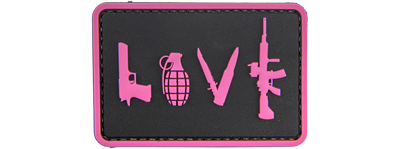 Love-Pistol, Grenade, Knife, Rifle" PVC Patch (Color: Pink) - Click Image to Close