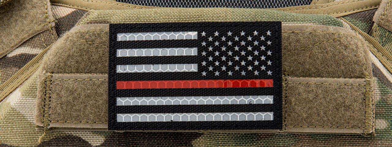 Reflective Fabric Reverse US Flag w/ Thin Red Line (Color: Black) - Click Image to Close