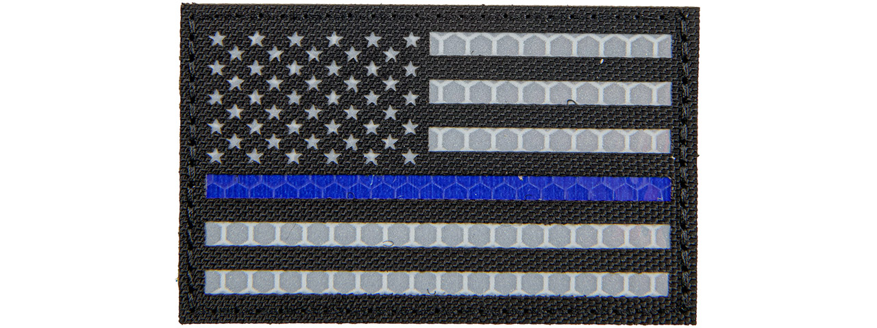 Reflective Fabric Forward US Flag w/ Thin Blue Line (Color: Black) - Click Image to Close