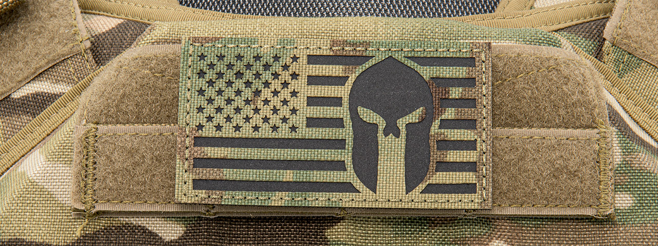 Reflective Fabric US Flag w/ Spartan Molon Labe (Color: Multi-Camo) - Click Image to Close