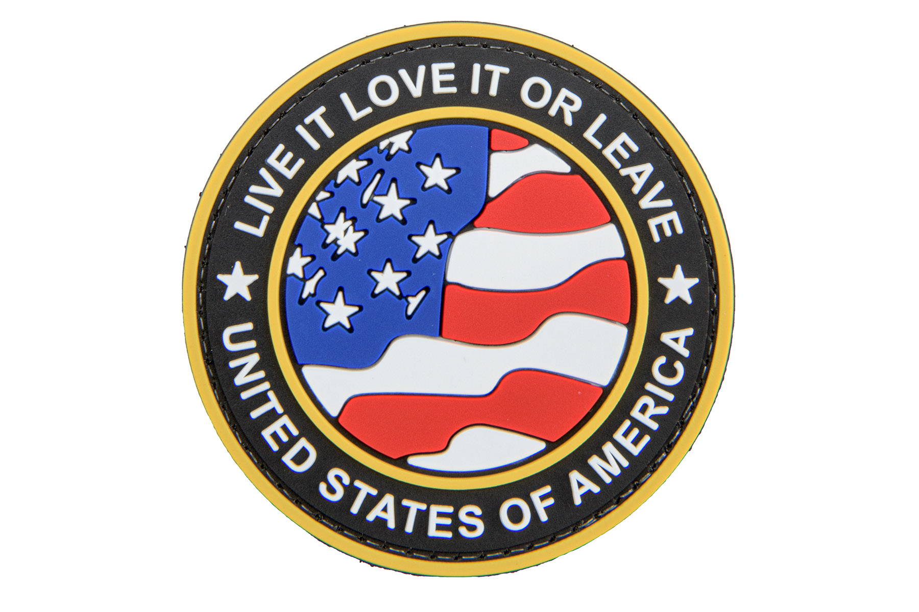 Round US Flag "Live it, Love It, or Leave It" PVC Patch (Gold Version) - Click Image to Close